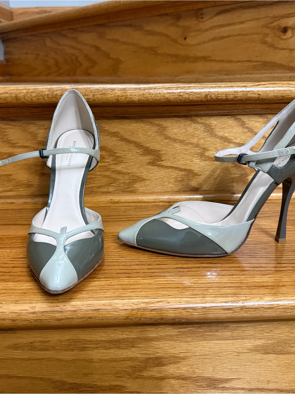 Bottega Veneta Two-Tone Patent Pointed-Toe Heels in Sage and Light Gray